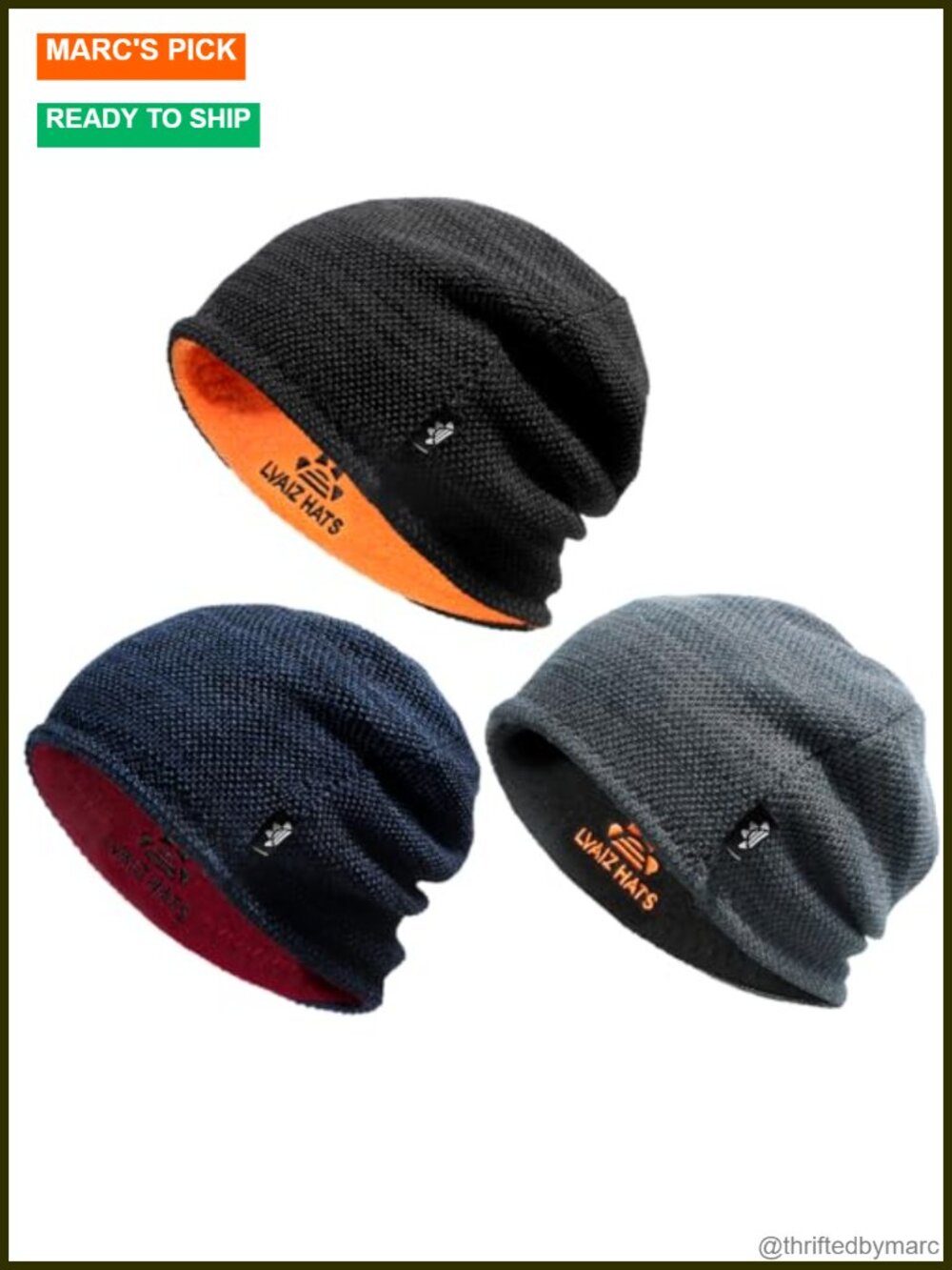 Reversible Fleece Lined Beanie Hats 3 Pack Winter Knit Skull Caps
